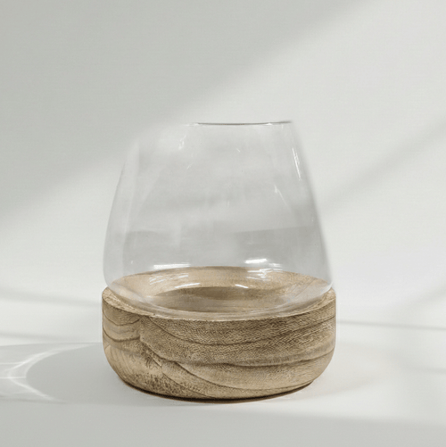 Minimalist Glass Hurricane with Natural Wood Base