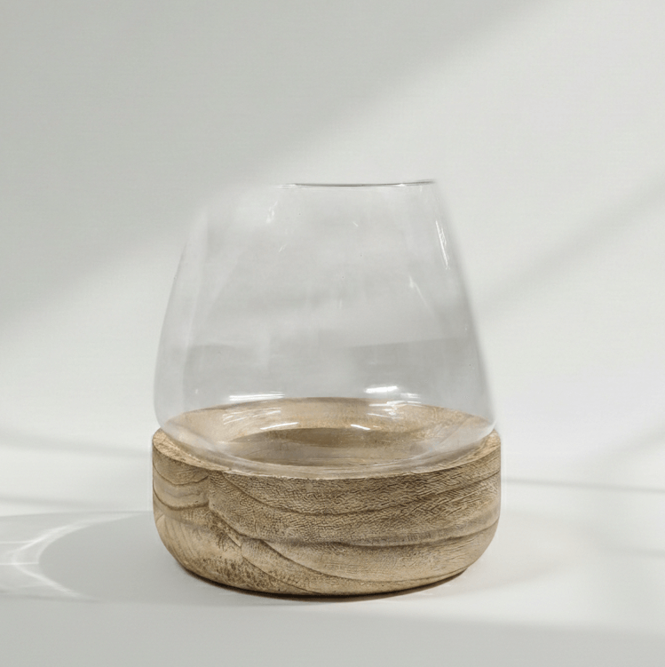Minimalist Glass Hurricane with Natural Wood Base