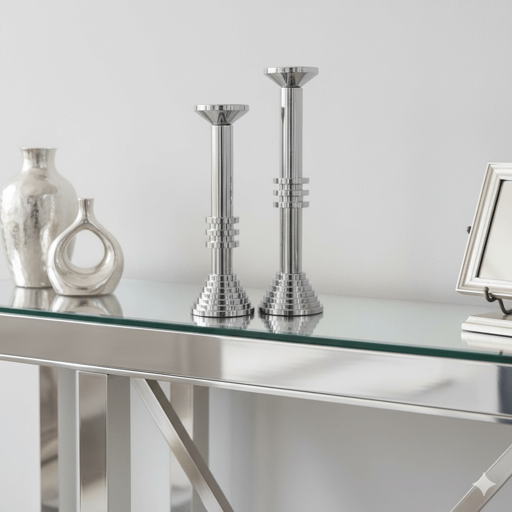 Modern Chrome Sculptural Candle Holder Set