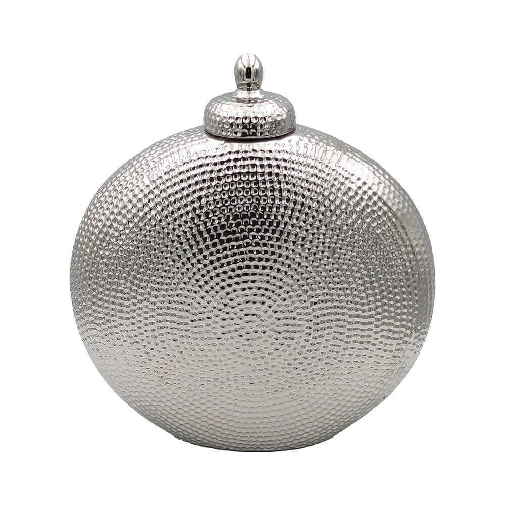 Modern Round Silver Lidded Ceramic Urn