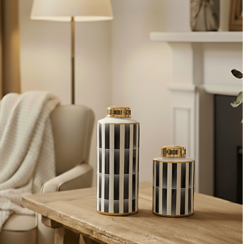 Modern Striped Gold Accent Ginger Jar Set