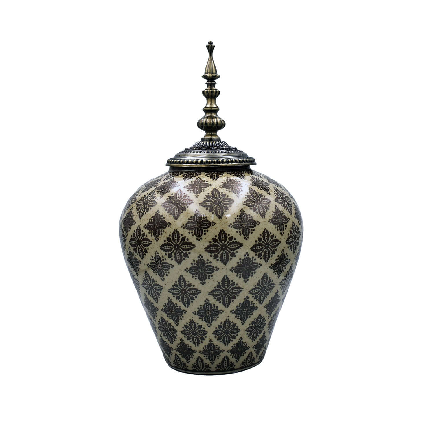 Moroccan Brown Taupe Ceramic Jar Brass Accent