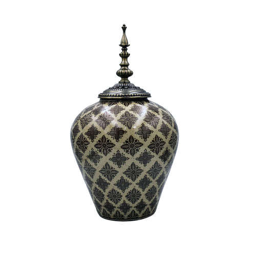 Moroccan Brown Taupe Ceramic Jar Brass Accent