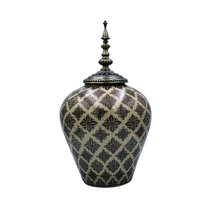 Moroccan Brown Taupe Ceramic Jar Brass Accent