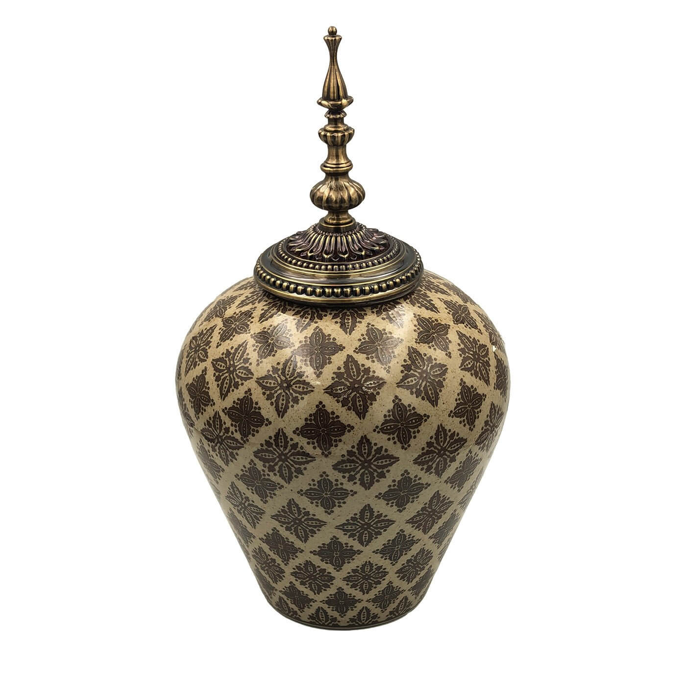 Moroccan Brown Taupe Ceramic Jar Brass Accent