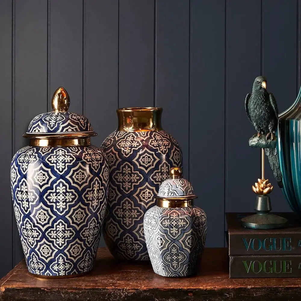 Moroccan Inspired Navy Gold Ceramic Jar