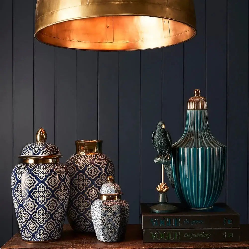 Moroccan Inspired Navy Gold Ceramic Jar