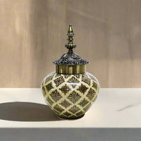 Moroccan Taupe Brass Accent Ceramic Jar