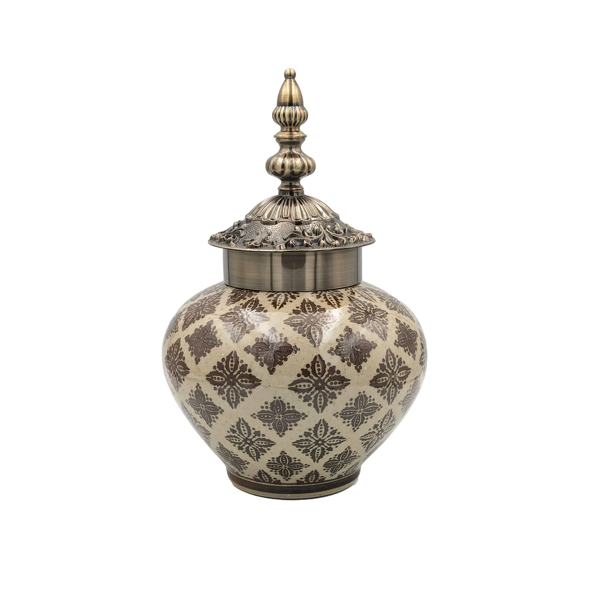 Moroccan Taupe Brass Accent Ceramic Jar