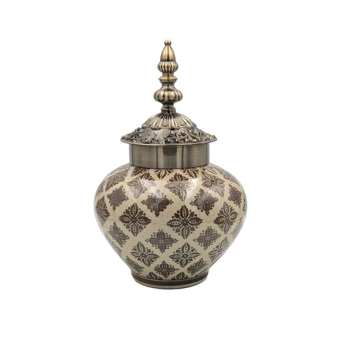 Moroccan Taupe Brass Accent Ceramic Jar