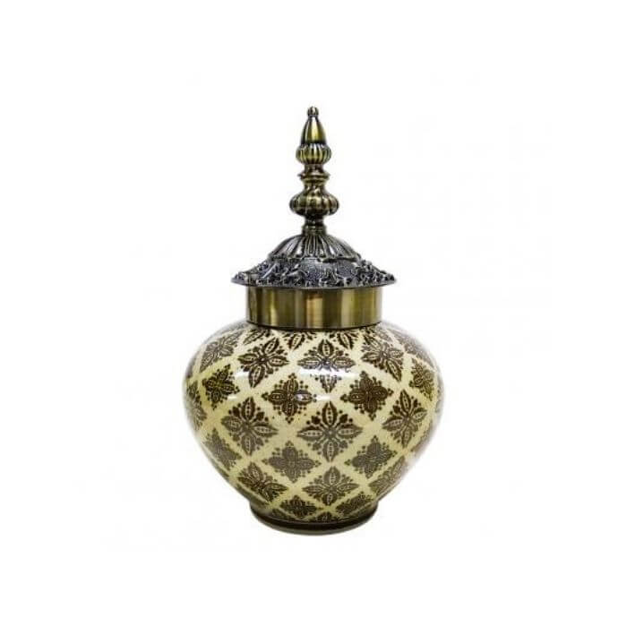 Moroccan Taupe Brass Accent Ceramic Jar