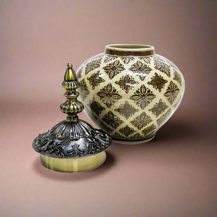Moroccan Taupe Brass Accent Ceramic Jar