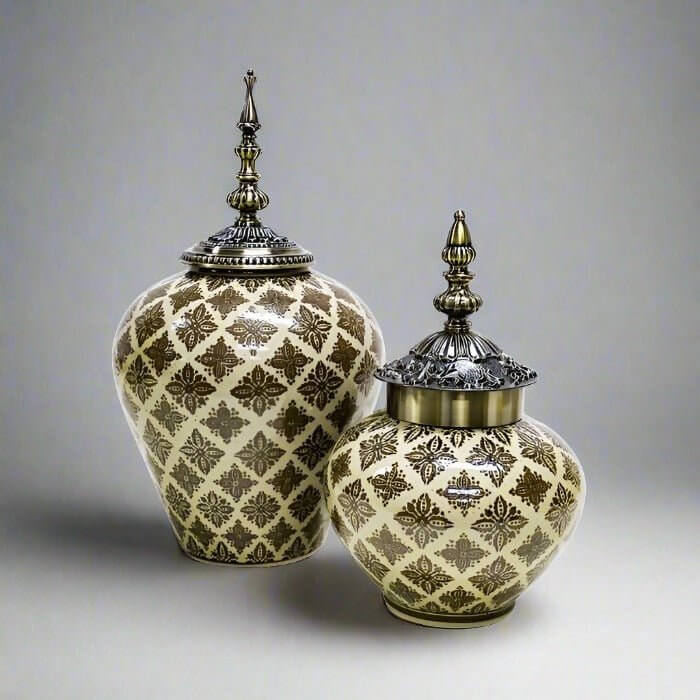Moroccan Taupe Brass Accent Ceramic Jar