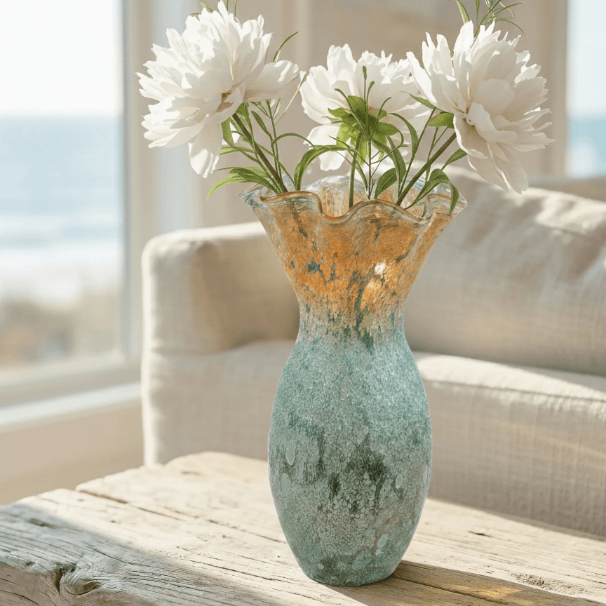 Murano Style Green and Gold Aventurine Tall Vase