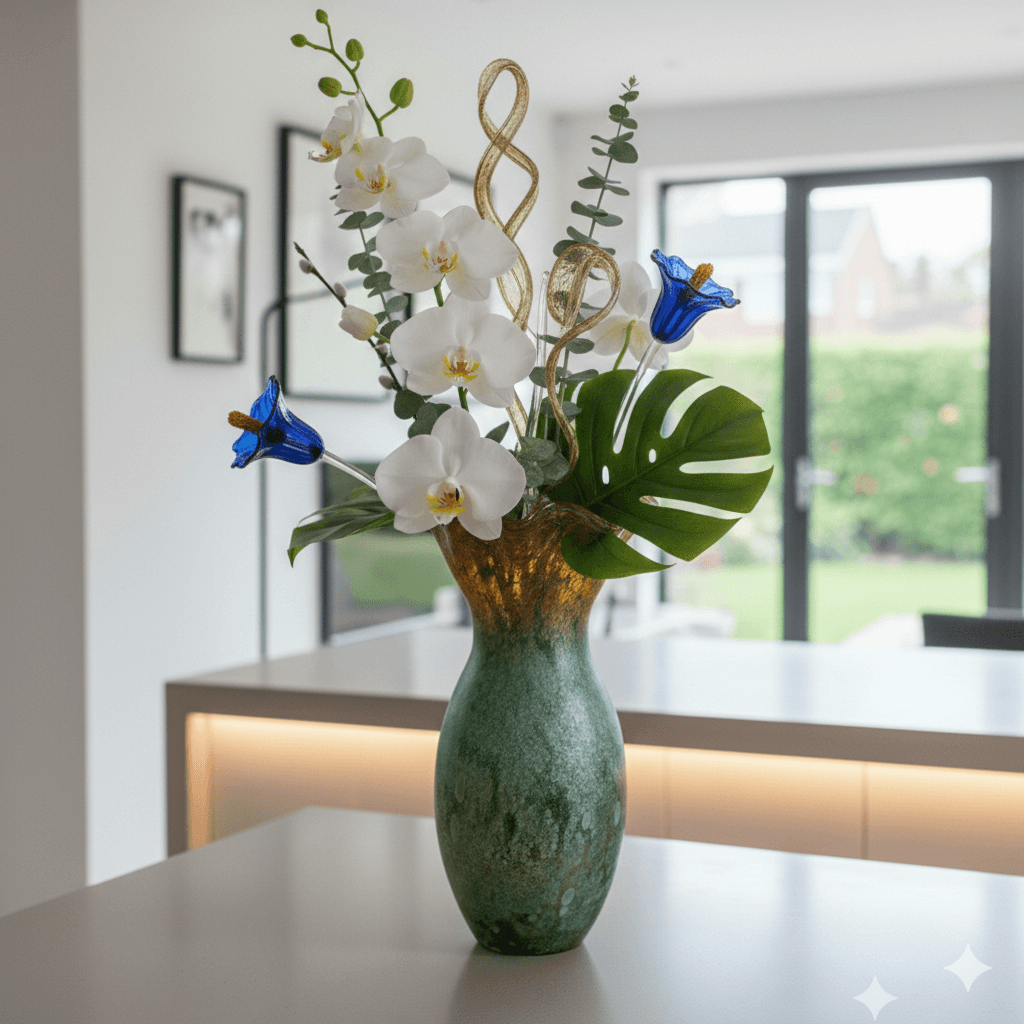 Murano Style Green and Gold Aventurine Tall Vase