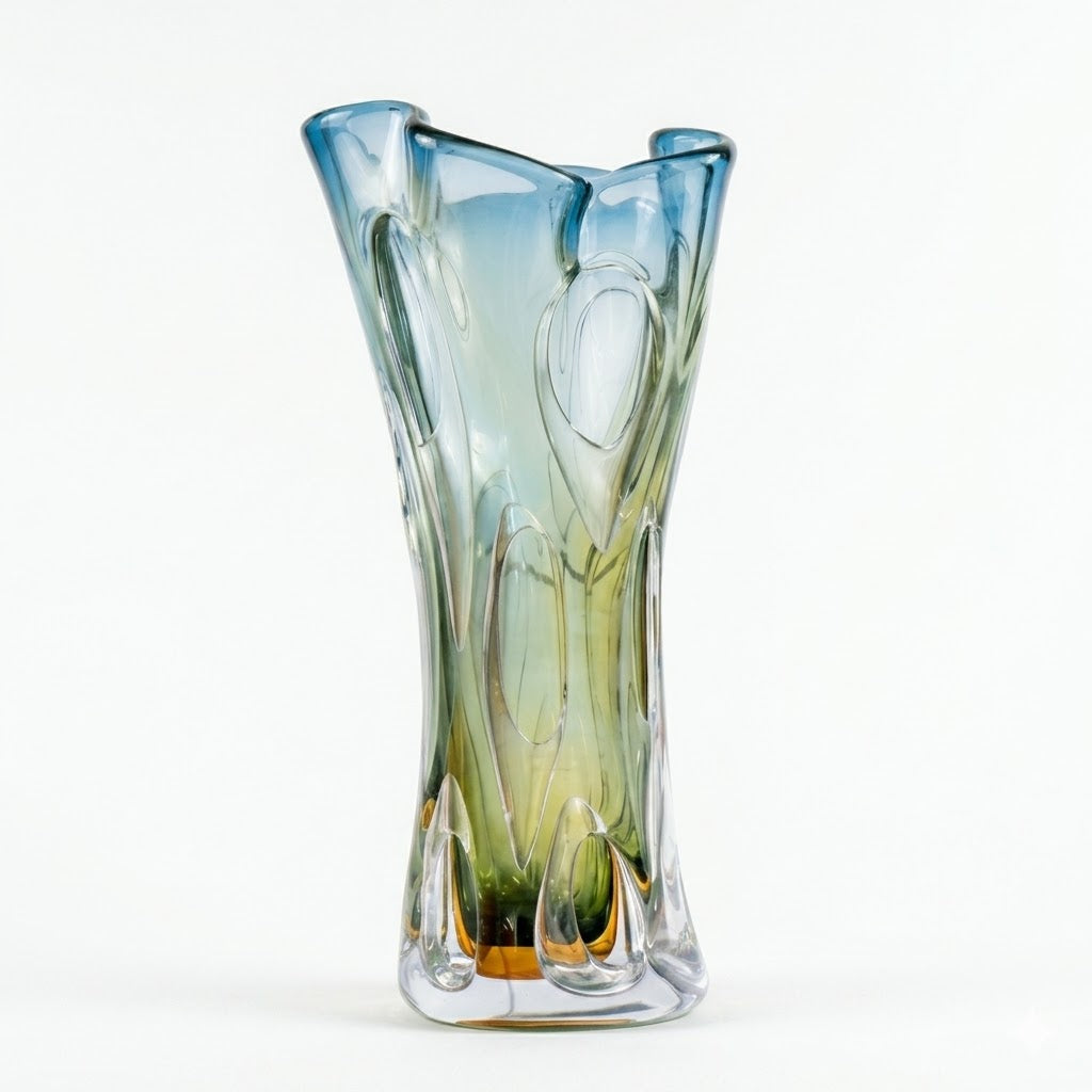 Blue and Amber Handblown Art Glass Vase