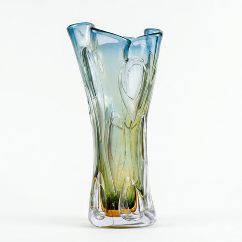 Blue and Amber Handblown Art Glass Vase