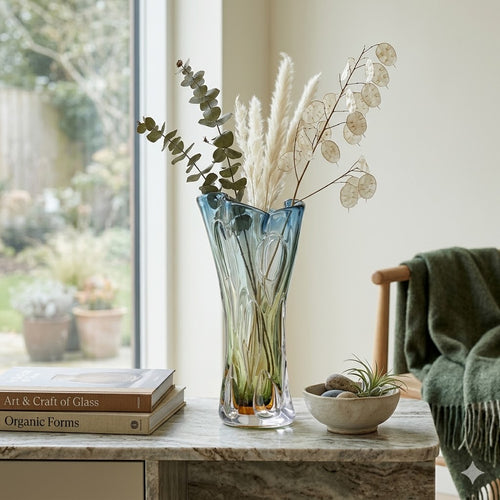 Blue and Amber Handblown Art Glass Vase