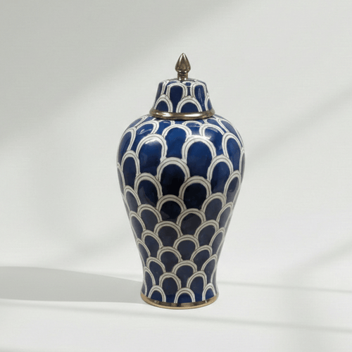 Navy Blue Scallop Ceramic Ginger Jar with Gold