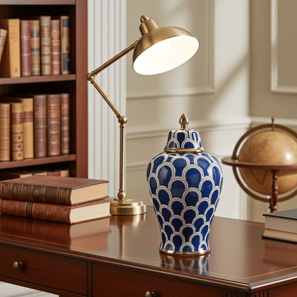 Navy Blue Scallop Ceramic Ginger Jar with Gold