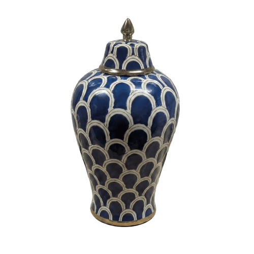 Navy Blue Scallop Ceramic Ginger Jar with Gold