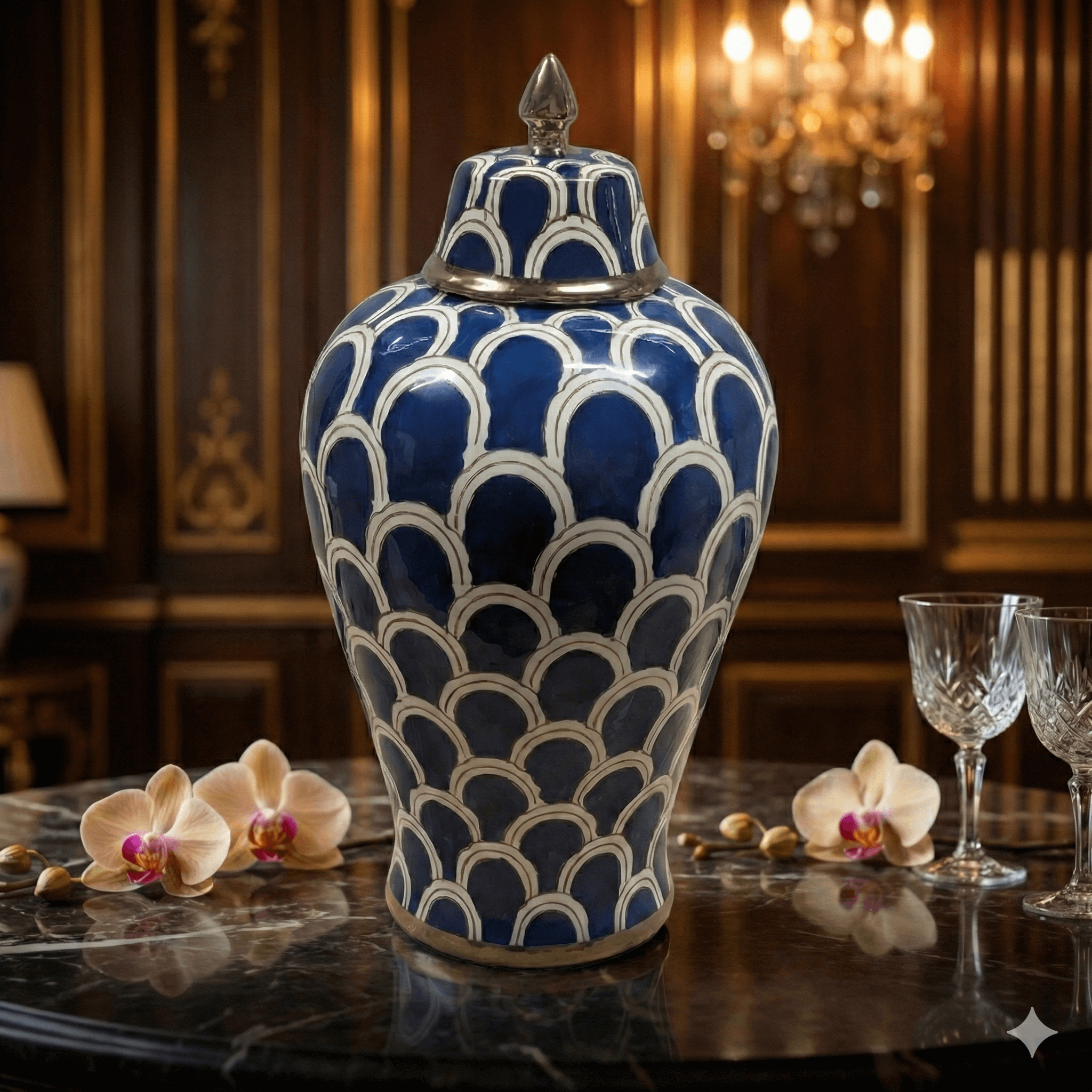 Navy Blue Scallop Ceramic Ginger Jar with Gold