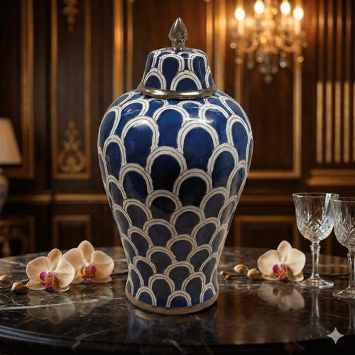 Navy Blue Scallop Ceramic Ginger Jar with Gold