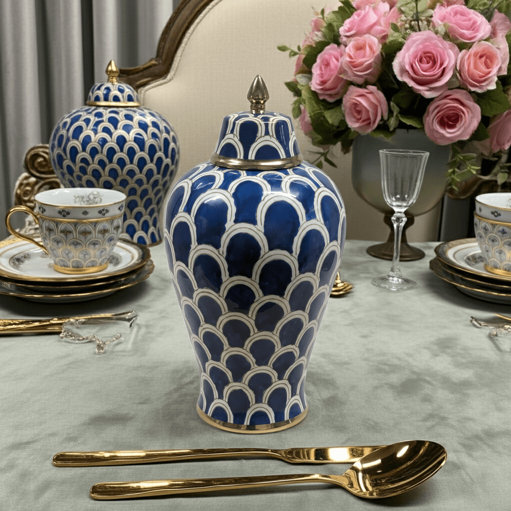Navy Blue Scallop Ceramic Ginger Jar with Gold