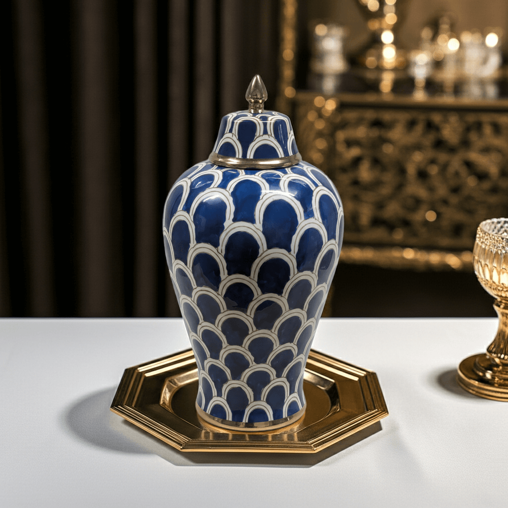 Navy Blue Scallop Ceramic Ginger Jar with Gold