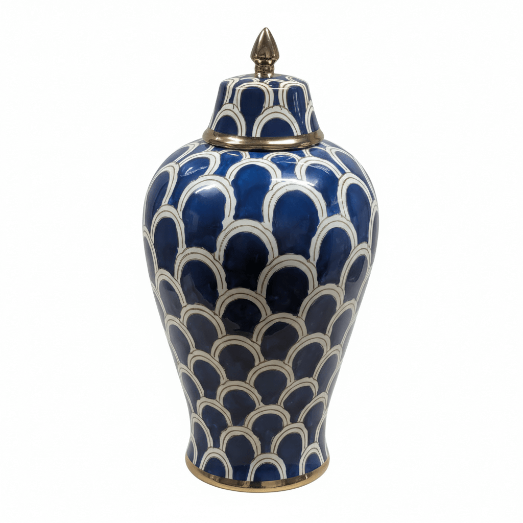 Navy Blue Scallop Ceramic Ginger Jar with Gold