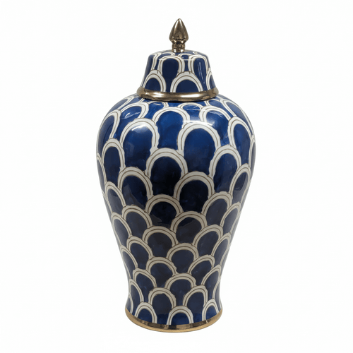Navy Blue Scallop Ceramic Ginger Jar with Gold