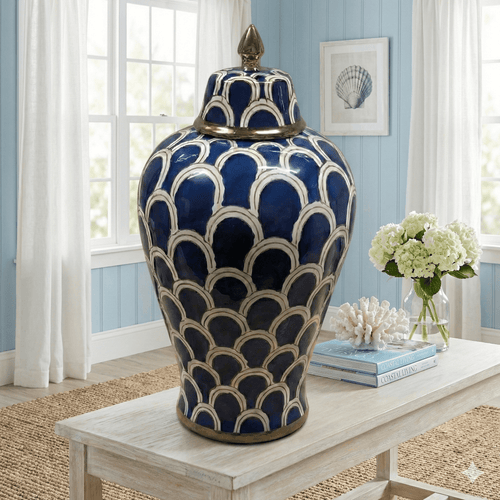 Navy Blue Scallop Ceramic Ginger Jar with Gold