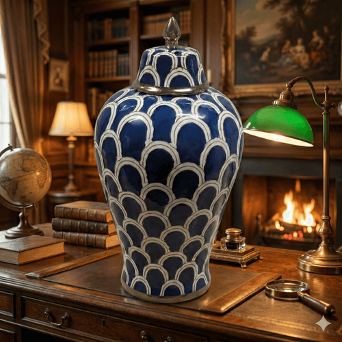 Navy Blue Scallop Ceramic Ginger Jar with Gold