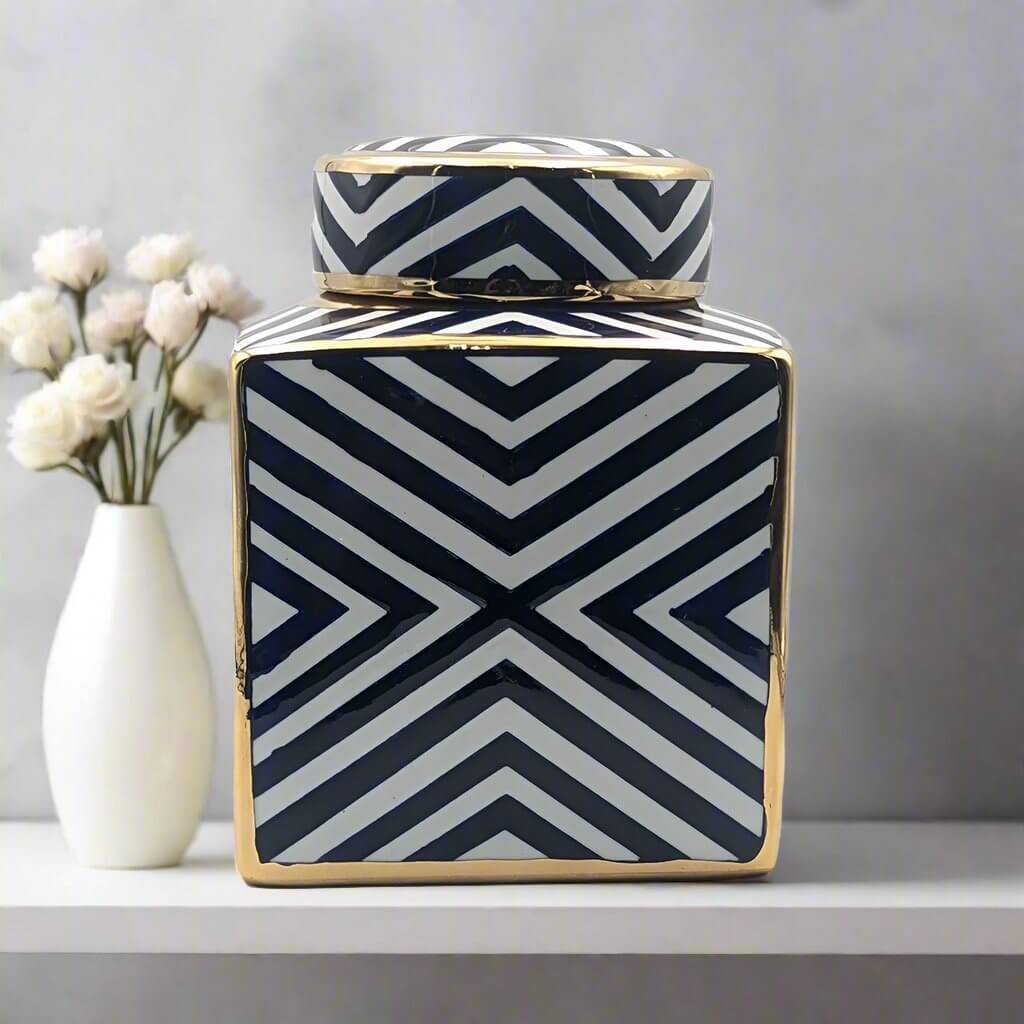 Navy Gold Zebra Print Square Ceramic Jar