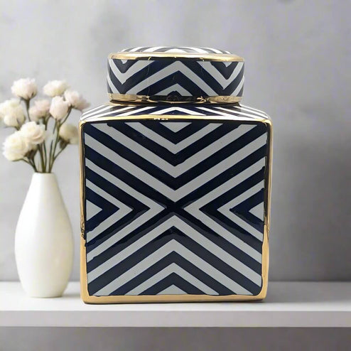 Navy Gold Zebra Print Square Ceramic Jar