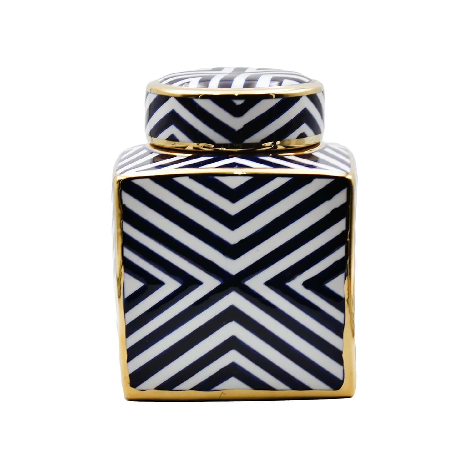 Navy Gold Zebra Print Square Ceramic Jar