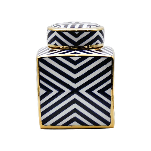 Navy Gold Zebra Print Square Ceramic Jar