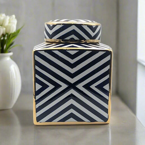 Navy Gold Zebra Print Square Ceramic Jar