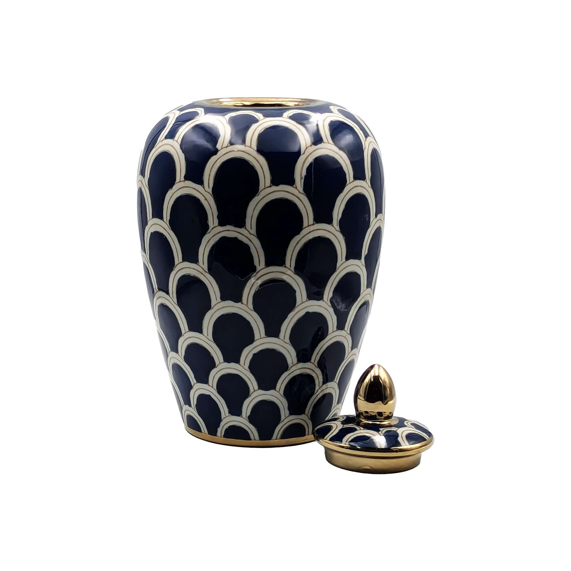 Navy White and Gold Ceramic Decorative Urn