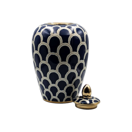 Navy White and Gold Ceramic Decorative Urn