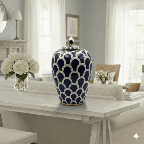 Navy White Gold Ceramic Decorative Jar