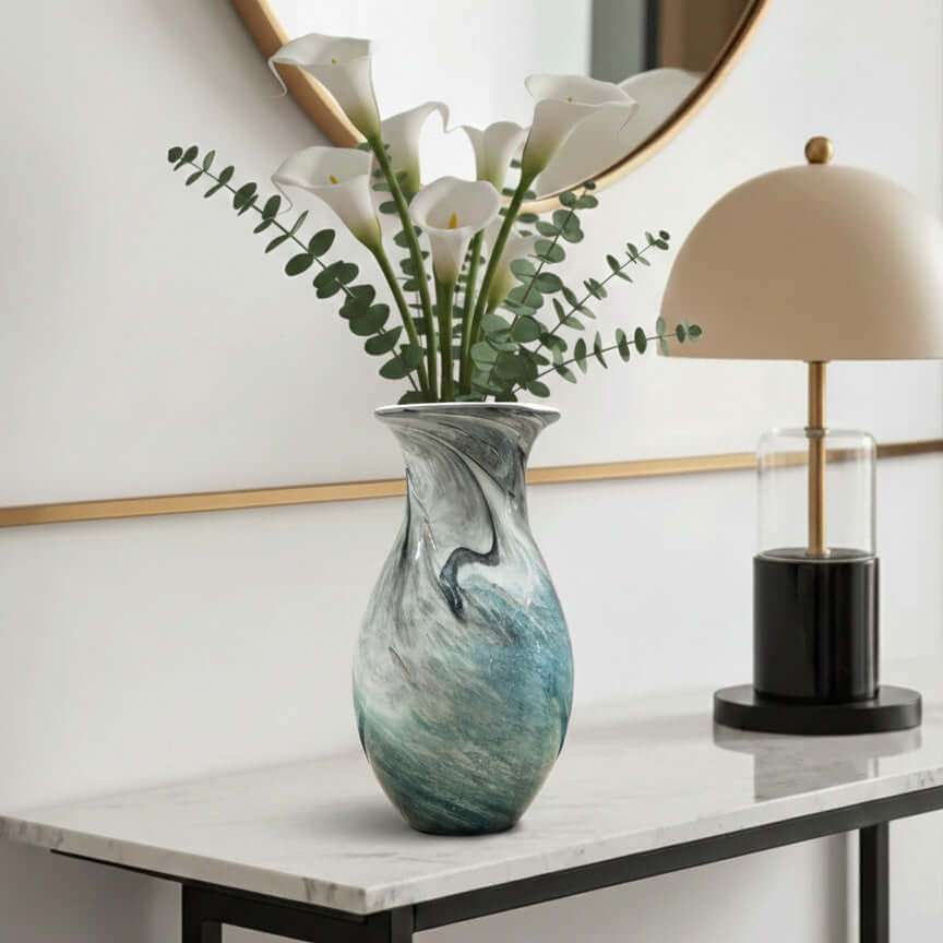 Oceanic Teal Marbled Ceramic Flared Vase