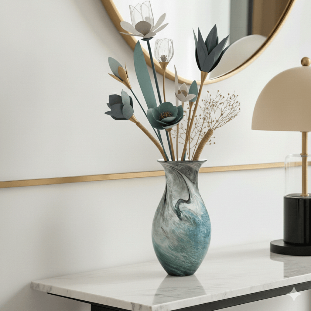 Oceanic Teal Marbled Ceramic Flared Vase