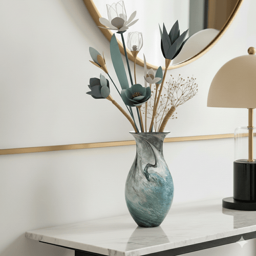 Oceanic Teal Marbled Ceramic Flared Vase