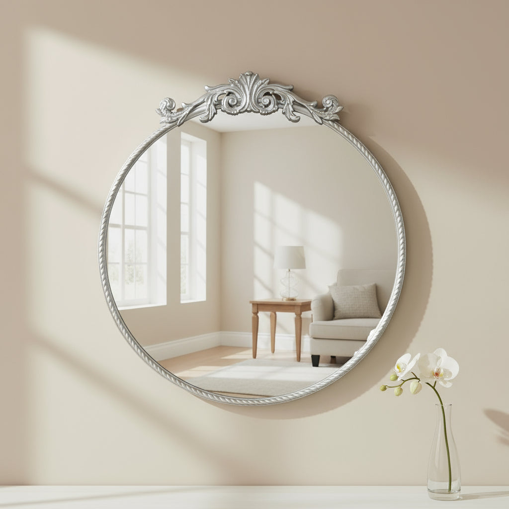 Baroque Silver Round Wall Mirror Ornate 60cm