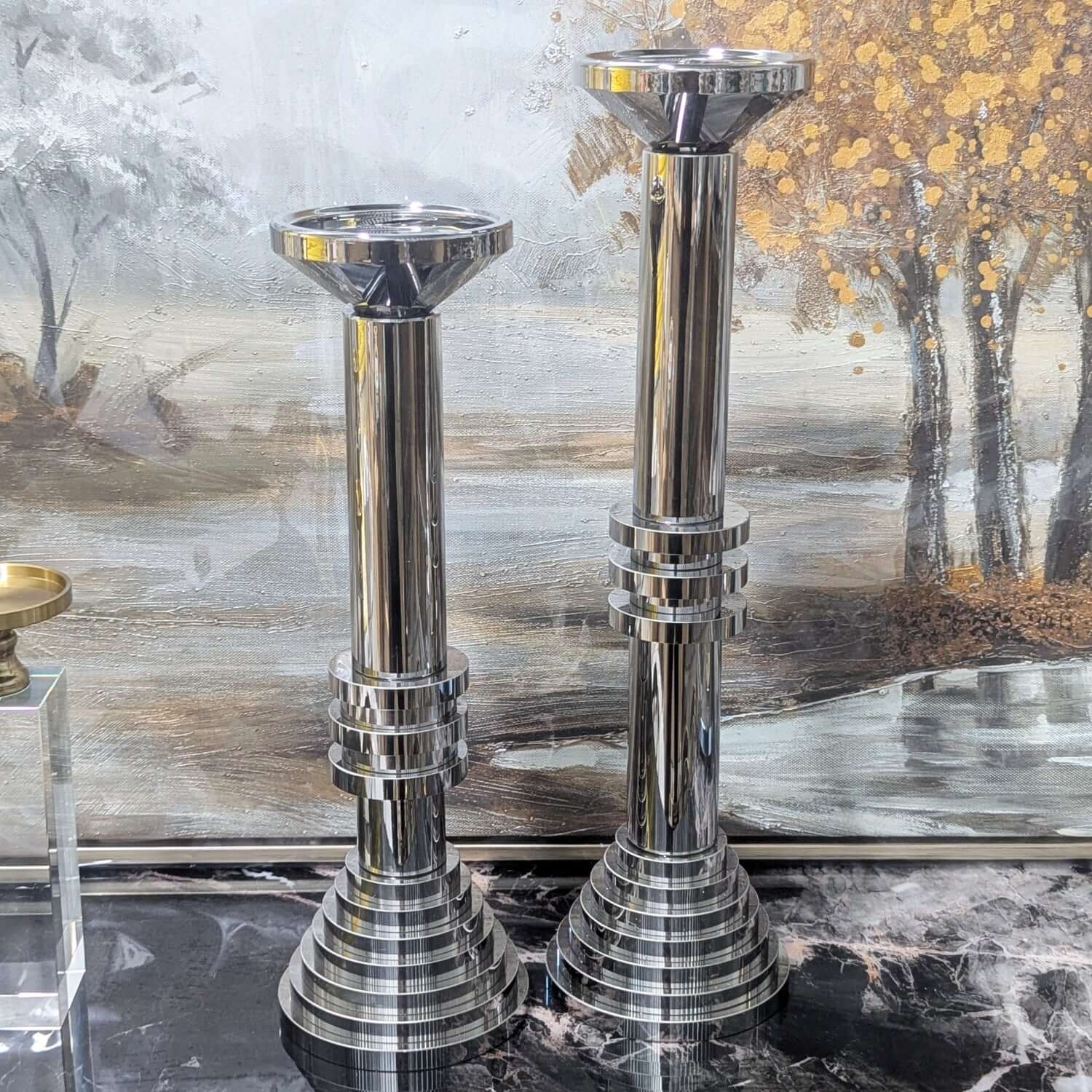 Modern Chrome Candle Holder Set