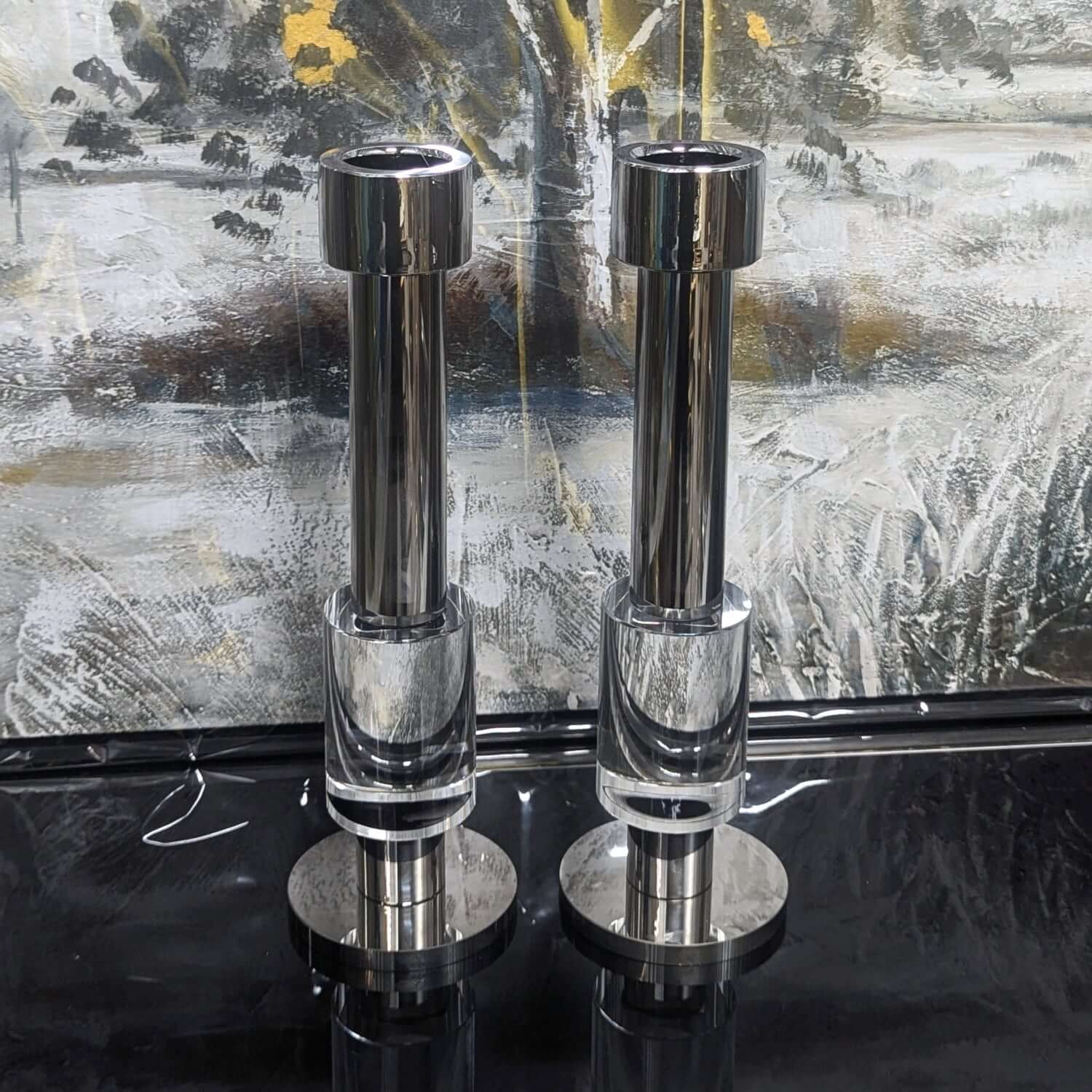 Elegant Crystal & Chrome Candle Holder Pair