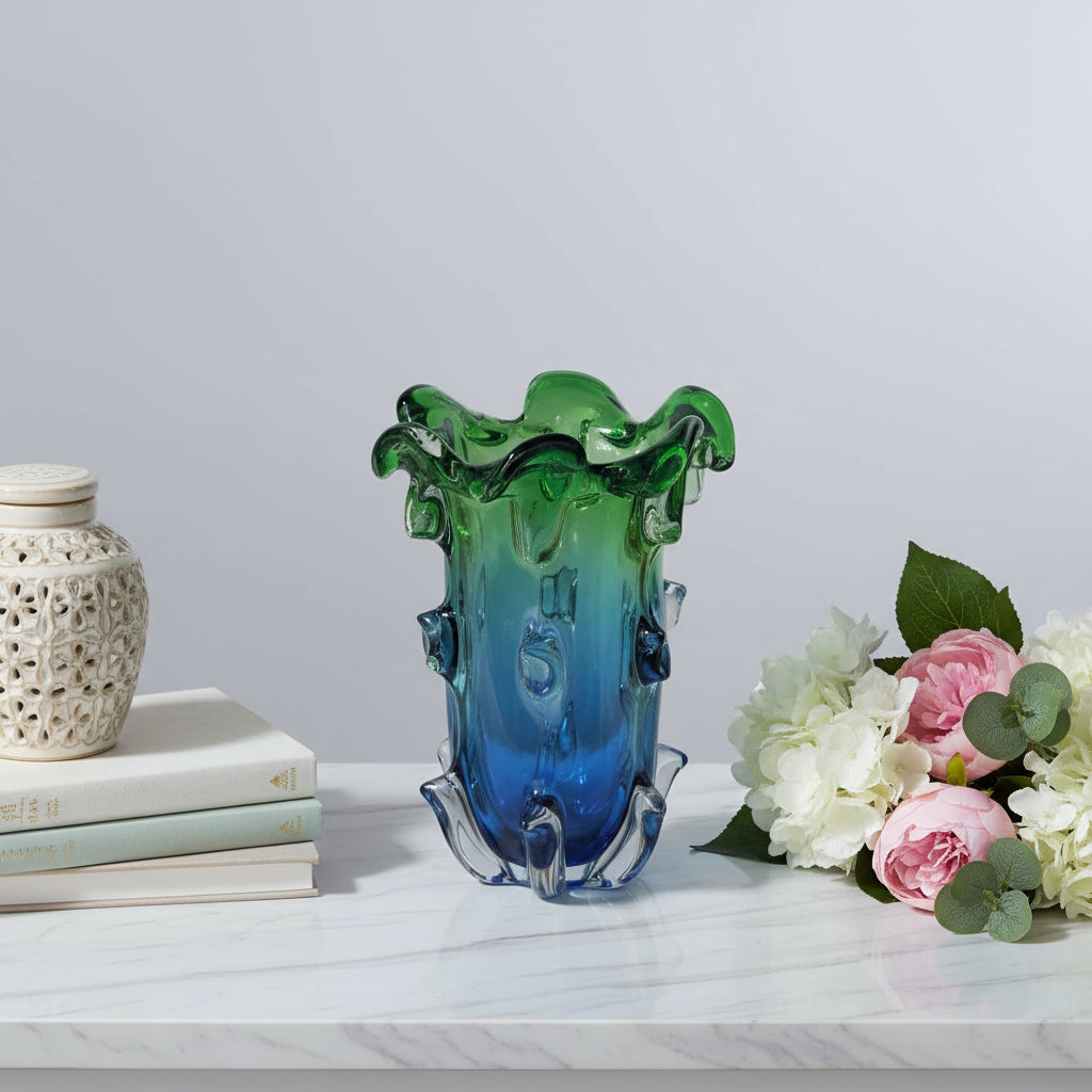 Murano Style Art Glass Vase – 28cm Green & Blue Art Deco