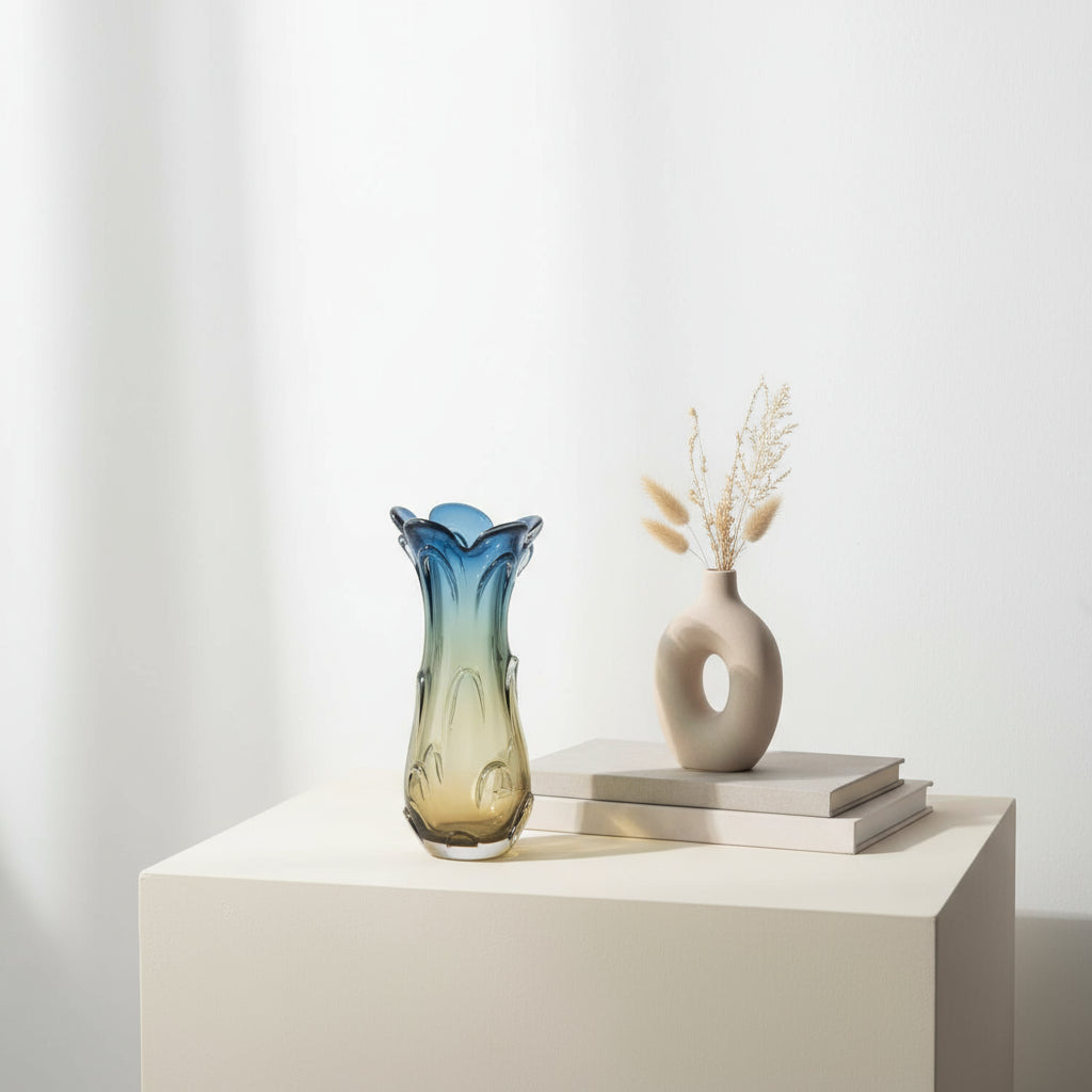 Murano Style Flower Vase - Yellow/Blue Art Deco 38cm