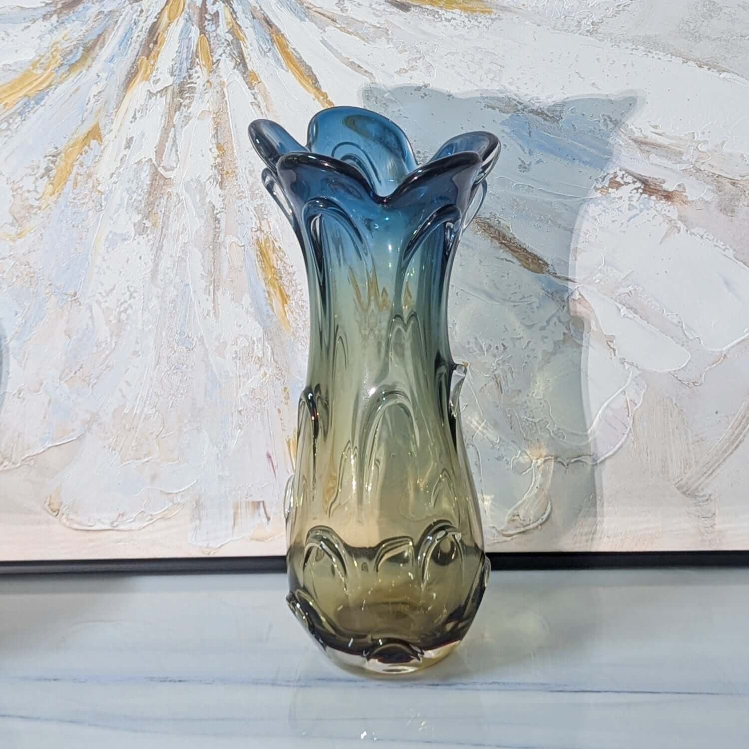 Murano Style Flower Vase - Yellow/Blue Art Deco 38cm